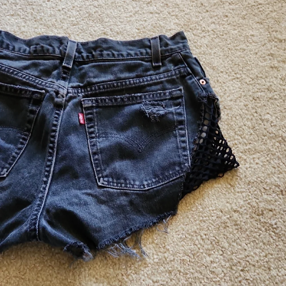 Furst of a Kind Reworked Levi's Dark Denim Distressed Shorts Mesh Sides Sz M